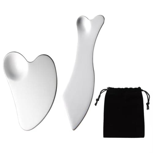 Gua Sha Set, 2-Pack Stainless Steel Guasha Tool with Velvet Storage Bag, Metal Gua Sha for Lymphatic Drainage, Jawline Sculpting & Full-Body Massage, Face Sculpting Tool for Skincare (Silver)
