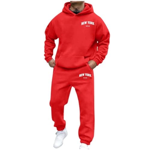 Tracksuit Track Suits for Men UK Mens Travel Hoodie Set Full with Angaroo Pocket Men's Tracksuits Suit Sweatpants Long-Sleeved Sports Activewear Red L