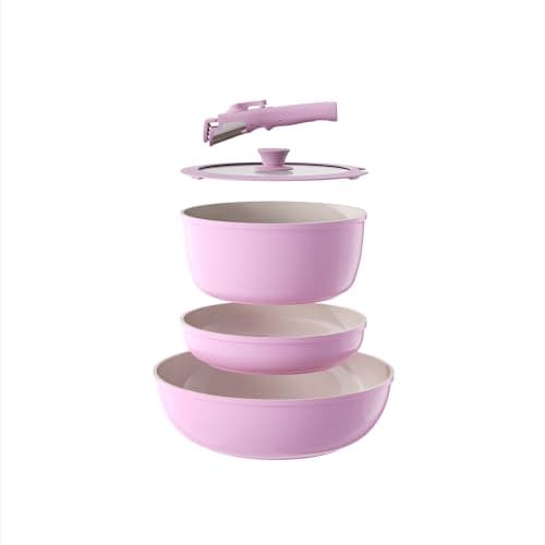 OUBRL Pots and Pans Set Non Stick, Ceramic Cookware Set Detachable/Removable Handles, RV Camping Kitchen Cooking Set, Dishwasher/Oven/Fridge Safe, Induction, Space Saving (Pink-, 5 Piece)