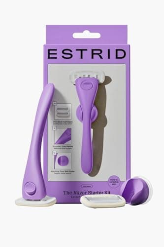 Estrid Razor Starter Set, Women's Razor Set with 5-Blade System, Vegan Moisture Strips, 2 Replacement Small, Wall Mount (Pluto)