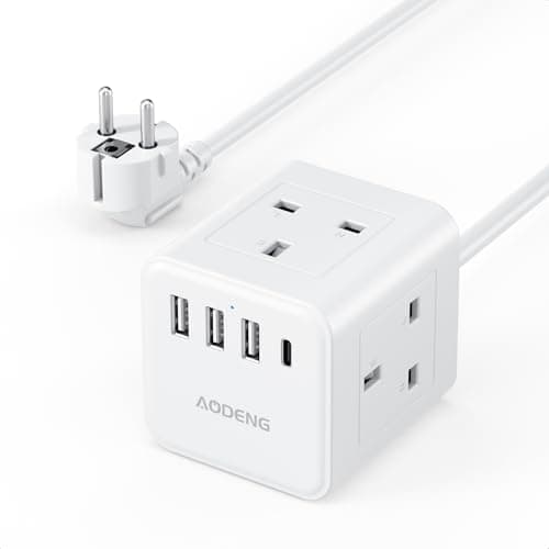 UK to European Plug Adapter with 1.5M Extension Cable, Aodeng 4 Way Travel Extension Lead with 4 USB(PD 20W) Compact Type E/F Travel Adapter for Germany France Spain Poland Greece Netherlands etc.