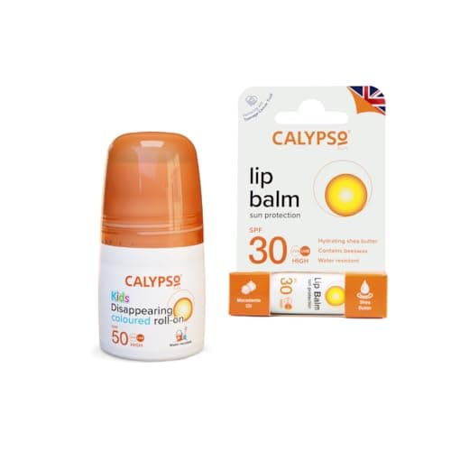 Calypso Sun Protection Twin Pack for Adults & Kids: SPF 50 Roll On Sunscreen & SPF 30 Lip Balm - Travel-Friendly Suncare Essentials