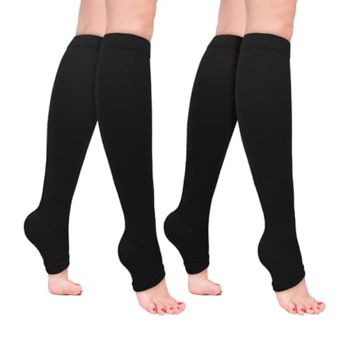 Sahunfri 2 Pairs Open Toe Compression Socks Women Men, 20-30 mmHg Flight Compression Socks for Women, Toeless Pressure Socks for Calf Support (UK, Alpha, L, XL, Regular, Regular, Black)