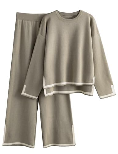 Famulily Womens Sets Clothing Sweater Sets 2 Piece Crew Neck Top Travel Outfits Side Split Hem Khaki XL