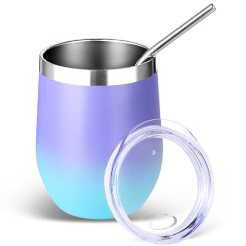 Volhoply 12oz Stainless Steel Wine Tumbler with Lid and Straw,350ml Double Wall Vacuum Insulated Stemless Wine Glasses,Travel Coffee Mug for Cold Drinks,Tumblers Gifts for Women(Purple Bule,1 Set)