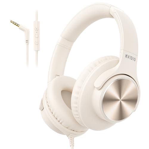 Wired Headphones with Mic, Over-Ear 3.5mm Corded Headphone for School Beige
