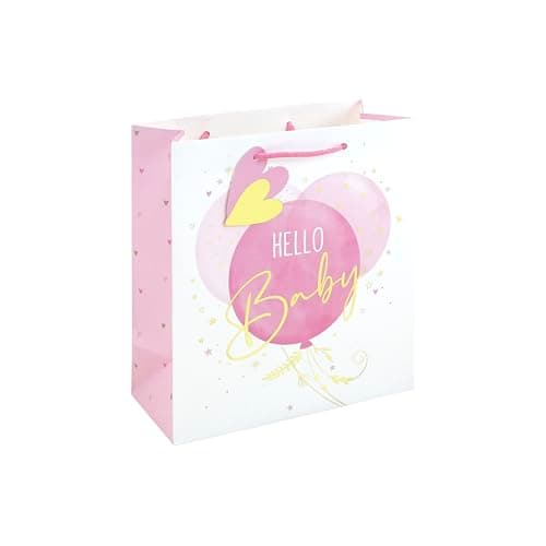Eurowrap Hello Baby Medium Gift Bag – Pink Balloon Baby Shower Present Bag with Foil Finish, White Kraft Paper, Paper Woven Handles & Tag – Premium New Baby Girl Gift Packaging