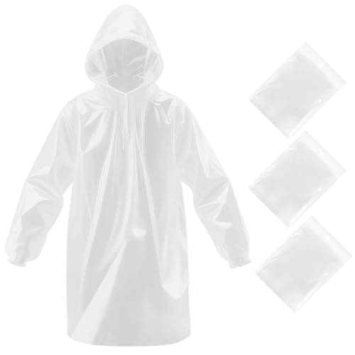 Czyan 3 Pack Disposable Rain Poncho,Emergency Disposable Raincoats Family Pack for Adults,Portable Travelling Hiking Camping Emergency Rainwear-Clear Ponchos with Sleeves & Hood
