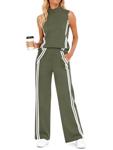 Casly Lamiit Womens 2 Piece Lounge Set Stripes Travel Outfits Sweatsuit Mock Neck Tank Top Wide Leg Pants Casual Activewear, Olive Green, XL