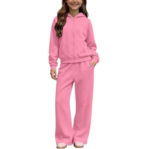 Slxbear Pink Girls 2 Piece Tracksuit Kids Zipper Hooded Tops Elastic Waist Trouser Outfits Long Sleeve Coat Wide Leg Pants Casual Sweatsets Solid Loose Soft Lightweight Travel Sets 13-14 Years