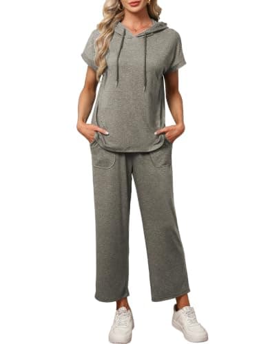 Famulily 2 Piece Sets for Women Casual Summer Travel Outfits Short Sleeve Hoodies &Lounge Cropped Pants Grey Coffee L