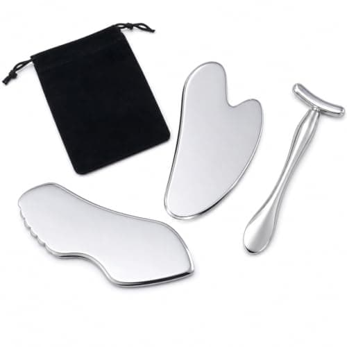 Gua Sha Tool Face Set Stainless Steel 3 Pack with Storage Bag Silver