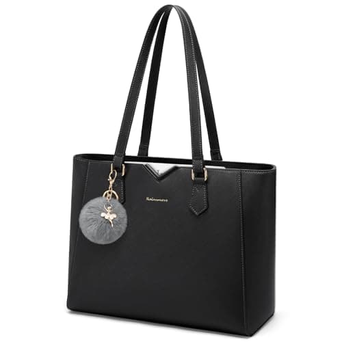 RAINSMORE Handbag for Women Large Tote Bags for Women Waterproof PU Leather Ladies laptop Tote handbag with Removable pom-pom for Work Business School Black