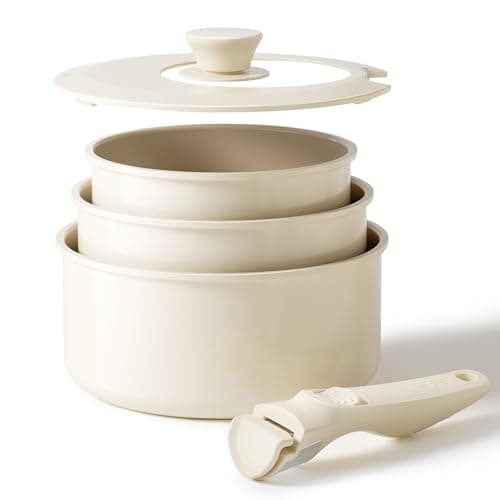 Redchef Ceramic Saucepans Set 16/18/20 cm with Removable Handle, Pot Set Induction Safe, Non-Stick, Space Saving, Stackable Design, PFAS PFOA & PTFE Free (Beige)