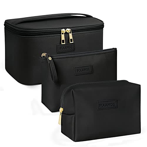 MAANGE 3 Pcs Makeup Bag(L+M+S) Travel Cosmetic Bags with Brush Compartment PU Leather Small Makeup Bag Portable Make Up Bag Versatile Zipper Makeup Pouch for Women, Black