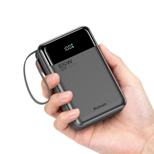 Hichain Laptop Power Bank 65W 20000mAh Portable Charger with Built-in USB-C Cable, 3-Port Fast Charging Battery Pack for MacBook iPhone 17 16/15 Series Android Switch Travel Essential Gray