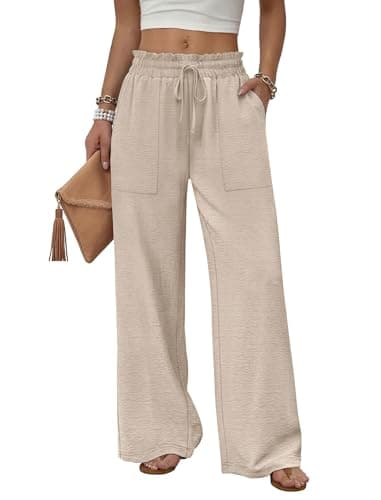 WIHOLL Wide Leg Palazzo Trousers Casual Summer Women's Clothing Elastic Drawstring Waist Soft Light Pants with Pockets for Beach Travel Daily Wearing Size 14-16 Beige L
