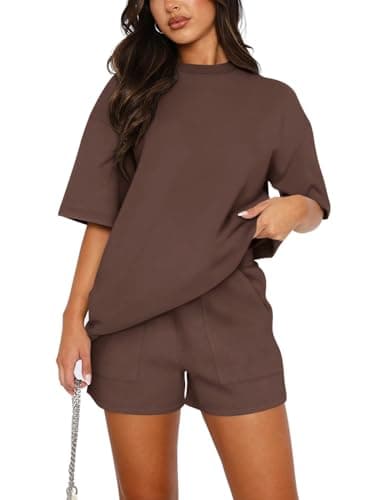 REORIA Women Cotton Short Sleeve Tracksuit Set Crew Neck Solid Color Shirt and Shorts with two Pockets two piece Outfit co ord Sets Coffee L