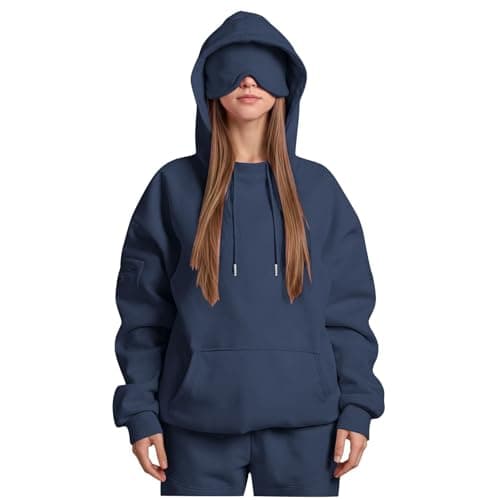 Hoodie With Eye Mask Built in,Oversized Airplane Mode Travel Hoodies with Hidden Pockets Pullover Hooded Sweatshirt Autumn Winter Thermal Fleece Sweatshirts for Adults Travel Daily Leisure