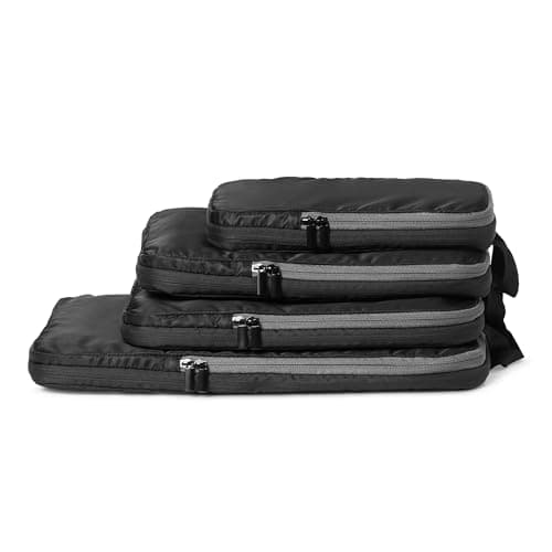 Amazon Essentials Ultralight Compression Packing Cubes, Recycled Fabric, 2 Zippers, 4-Pack, Black, for Suitcases or Backpacks