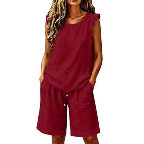 Burgundy Lounge Sets for Women UK Soft Cotton Linen Sleeveless Tank Top & Drawstring Shorts Co Ord Casual Holiday Travel Outfits Loose Fit Tracksuit Fashion 2026 for Running Walking Yoga Size 12