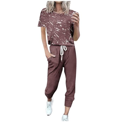Womens 2 Piece Travel Outfit Gym Tracksuit Set Summer Lounge Outfit Set Sweatsuits Printed Short Sleeve Tops High Waist Wide Leg Drawstring Joggers Pocket Sweatpant Casual Loose Holiday Dailywear 6-16