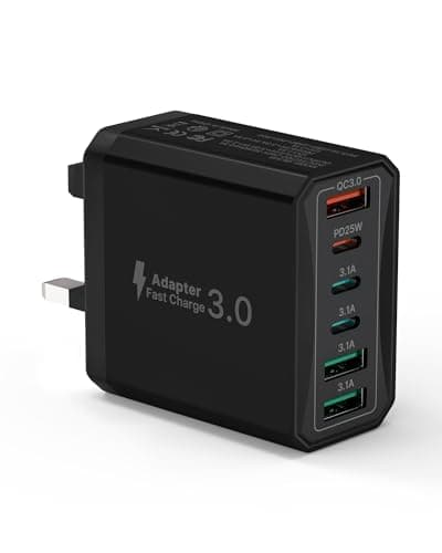 USB C Plug Fast Charger, 6-Port 55W Multi USB Plug UK with Power Adapter +QC Wall Plug Multiport Mains, 3 Type C+3 USB A Ports Charging Plug for iPhone 16 15 14 13 12 11 Pro Max Plus XS XR SE,Samsung