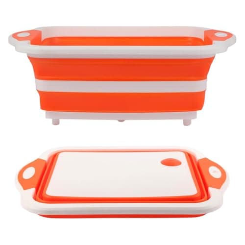 Collapsible BBQ Prep Tub & Cutting Board, Foldable Dish Tub with Colander, Portable Camping Sink, Multifunctional Wash Basin for Kitchen, Fruit, Vegetable and Picnic