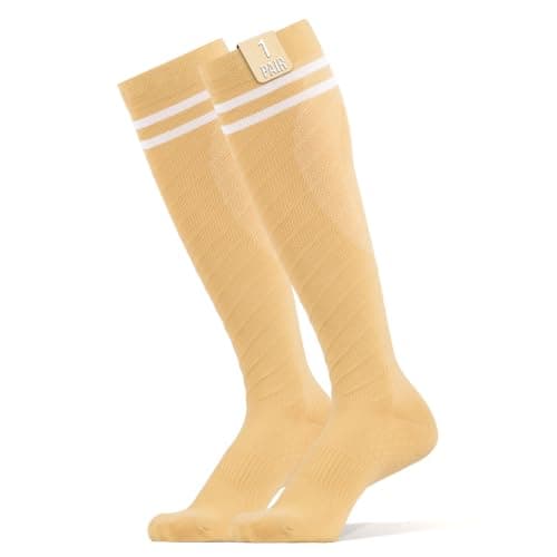 360 RELIEF Compression Socks for Women Men, 15-20 mmHg Supports Circulation, Travel Flight Socks, Pregnancy Stockings L/XL, Beige with 2 White lines + Laundry Bag