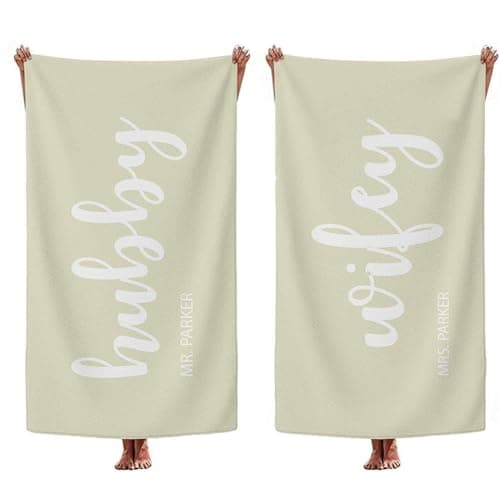 Print Maniacs Custom Hubby Wifey Beach Towel Personalised Couple Name Microfibre Towel Large Quick Dry Lightweight Travel Towel Honeymoon Holiday Pool Spa Gift