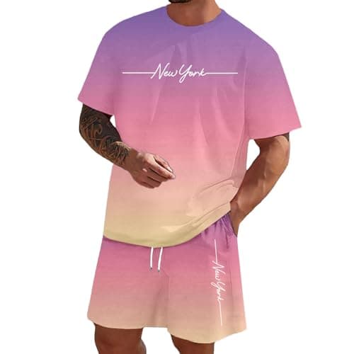 Mens Outfits Suit Set Summer Travel Vacation Tracksuit Short Sleeve Casual Sports Hoodie Shorts Set 2 Piece Loungewear Sets Sportswear for Gym Running Exercise Fitness Jogging (#001 Light Purple,6XL)
