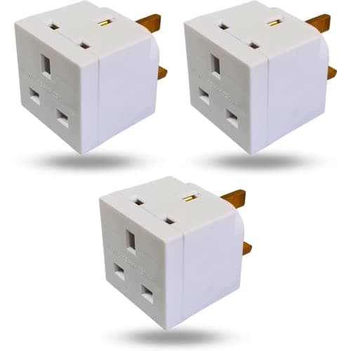 2 Way Plug Adapter UK Outlet Extender Double Socket Adapter Multiplug with Multi Plug for Bedroom Kitchen Bathroom Study Desk Shelf and Landing White 3 Pack