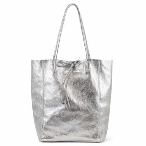 LeahWard Women's Genuine Italian Hand Made Leather Shoulder Bags, A4 College School Work Business Bags (Silver)