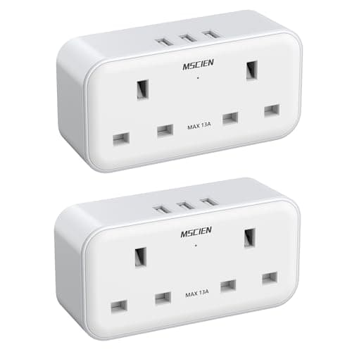Plug Adapter with 3 USB (2 Pack), Mscien Multi Plug Extension Socket, Double Plug Adaptor with Dual 2 Pin Socket at The Bottom, 13A UK Multiplug Extender, Wall Charger Power Socket for Home Office