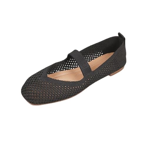 Cream Wedges - Women's Mary Jane Flat Shoes, Plain Round Toe Ballet Pumps with Knitted Mesh Upper, Low Heel Casual Comfort Walking Footwear for Work Office Travel Daily Wear Commute