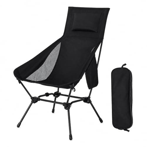 GOOGO High Back Camping Chair, Foldable Camping Chair with Side Pocket & Carry Bag, Comfortable & Breathable, 74x58x90cm, Portable Outdoor for Camping, Fishing, Beach, Picnic and Garden (Black)