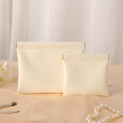 Compact PU Pouch with Auto-Closing Design for Storing Earbuds Chargers and Tiny Essentials in Daily Use or Travel (White cream)