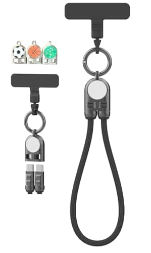 Omana 2-in-1 Mobile Phone Lanyard Multi Charger Cable 240W Type-C 5A Anti-Theft Tether Wrist Shoulder Strap USB Keychain Fast Charging PD for Most Cellphones Covers Data 2in1 (Black, 1.2M)