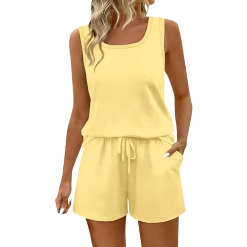 Coord Sets for Women UK Yellow Square Neck Vest Tops and Wide Leg Shorts 2 Piece Travel Airport Outfits Casual Pyjamas Loungewear Leisure Suits Activewear Streetwear UK 12