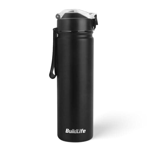 BuildLife 720ML Insulated Water Bottle with Straw,Leak Proof Double Walled Stainless Steel Metal Sports Water Bottles, BPA Free,Dishwasher Safe,Drinking Bottle for Travel,School,Gym (Black)