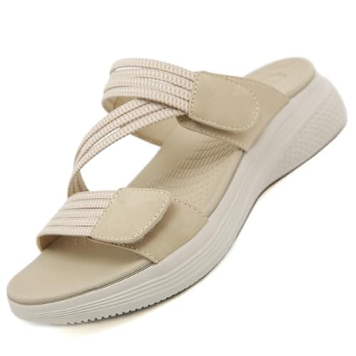 Ulicox Womens Summer Sandals Ladies Orthopedic Sandals Casual Slippers Adjustable Slip on Slide Beach Shoes Beige 5 UK