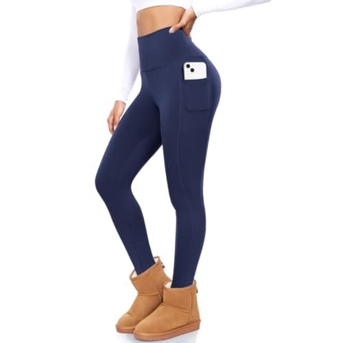 BLONGW Women's Fleece Lined Leggings High Waist Thermal Navy Blue with Pockets, Ladies Winter Warm Fur Lined Stretchy Yoga Pants Tights