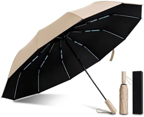 NAYEZH Umbrella Windproof Travel Umbrella for Rain, Auto Open Close, 12 Ribs 3+2 Fiberglass Frame, Durable Compact Portable Umbrella for Daily Use (Cream)