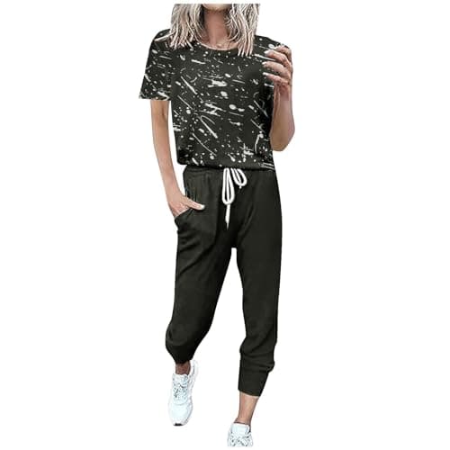 Womens 2 Piece Travel Outfit Gym Tracksuit Set Summer Lounge Outfit Set Sweatsuits Printed Short Sleeve Tops High Waist Wide Leg Drawstring Joggers Pocket Sweatpant Casual Loose Holiday Dailywear 6-16