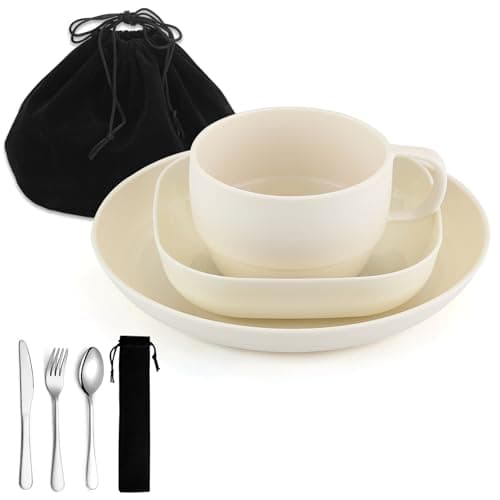 Camping utensils set, ReaNea Camping Plates And Bowls Set With Coffee Mug, Travel Cutlery Set Include Spoon, Fork, Knife for Home, Poolside, Outdoor, Picnic, Camp