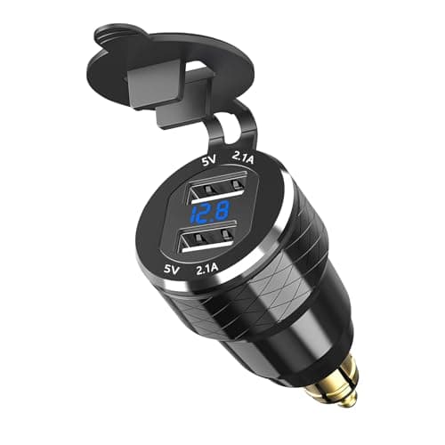 Lunriwis Aluminum Alloy Motorcycle USB Charger DIN Plug Charger Metal Quick Charge Adapter with Voltmeter with 2 USB Ports for BMW Ducati
