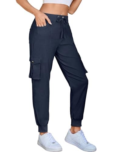 Hormtaer Women's Cargo Joggers Walking Trousers Lightweight Quick Dry Hiking Multi Pants Casual Outdoor Travel Gym Athletic Workout (B Navy, M)
