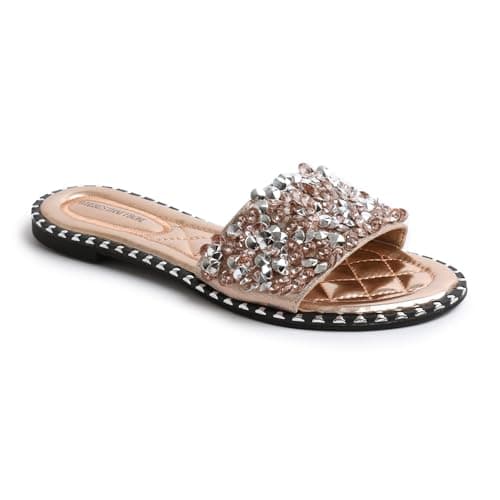 Fashion Thirsty Womens Ladies Flat Low Heel Diamante Sandals Slip On Party Wedding Bling Sliders Slides Beach Pool Holiday Travel Sandals