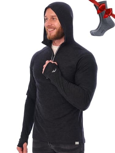 100% Merino Wool Base Layer Men Lightweight Hoodie, Merino Wool Long Sleeve (Charcoal Grey, L)