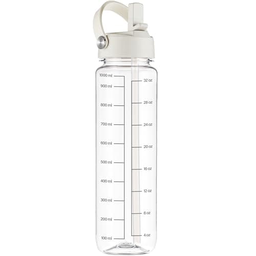GOPPUS 1000ml/32oz Clear Water Bottle with Straw, Tritan Leakproof Sports Drinking Bottle, BPA Free Wide Mouth Gym Bottle with Handle and Measurement Marks for School, Gym, Travel (Transparent)